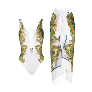 Цельный купальник с принтом павлиньего пера на шнуровке и прикрытие женской пляжной одежды с V-образным вырезом 2024 Новый модный костюм для серфинга для плавания