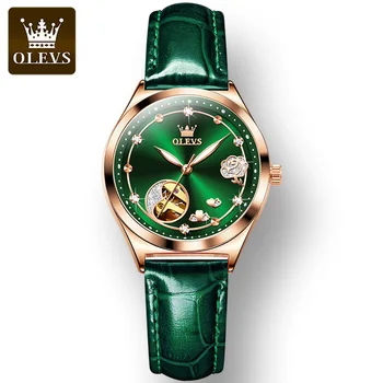 OLEVS Автоматические механические часы для женщин Кожаный ремешок с бриллиантовым циферблатом Водонепроницаемые светящиеся женские наручные часы Подарочный набор Reloj