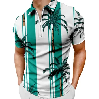 Повседневная полосатая рубашка-поло с принтом кокосовой пальмы Гавайи Пляжные футболки Мужская одежда с коротким рукавом и молнией в уличном стиле
