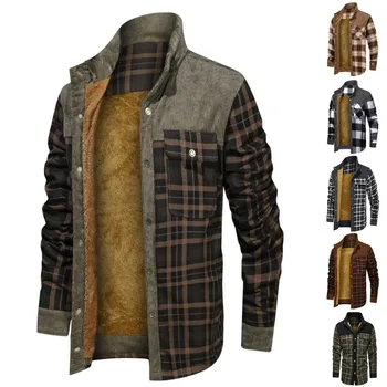 2023 Зимняя мужская толстая вельветовая куртка с длинными рукавами на флисовой подкладке Клетчатая рубашка Термокуртка