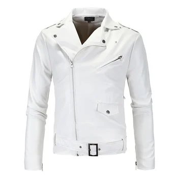 2023 Мужские кожаные куртки Белый Черный Повседневный Лацкан Slim Fit Диагональная молния Мотоцикл PU Кожаная куртка Пальто Дизайнерская одежда