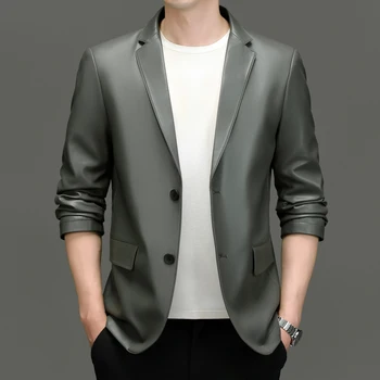 Пиджак Мужское осеннее новое кожаное пальто Мягкий кожаный костюм Корейский приталенный деловой костюм Модная повседневная кожаная куртка