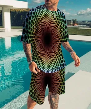 2024 Новый мужской набор футболок с круглым вырезом Печать Оптическая иллюзия Шаблон Футболка Набор из двух частей Модный мужской летний набор футболок