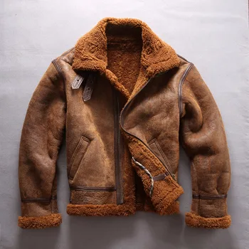 европейский размер натуральная куртка из овечьей кожи Мужское высококачественное теплое пальто большой размер B3 из овчины бомбардировщик военный летчик меховая куртка