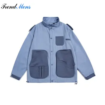 Сплошной цвет Мужские куртки с большими карманами Harajuku Retro Casual Удобные топы High Street Fashion Стоячий воротник Пара пальто