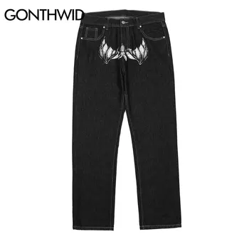 GONTHWID Хип-хоп Уличная одежда Harajuku Джинсовые брюки 2023 Мужчины Темный стиль Джинсовые брюки с принтом на лице Джоггеры Джинсы Шаровары Брюки Брюки