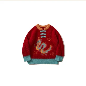 2024 Детская одежда для мальчиков осень 2024 Новый год Красные элементы Праздничная фортуна Свободный свитер с круглым вырезом Свитер Свитер для девочек