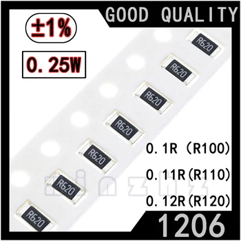  50 шт. SMD 1206 Чип-резистор 1% Высокоточный чип 0,25 Вт Фиксированное сопротивление 0,1R 0,11R 0,12R 0,1Ω Печать R100 R110 R120