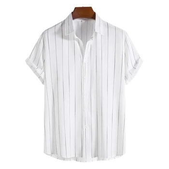 Мужская полосатая повседневная рубашка, гавайский пляжный наряд с минималистичным принтом, праздничный топ на открытом воздухе, мужская уличная одежда с короткими рукавами