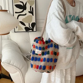 Color Plush Dots Женские сумки Bento Ретро дизайн Женские пушистые сумки-ведра Сумка через плечо большой емкости Кошелек Повседневная сумка