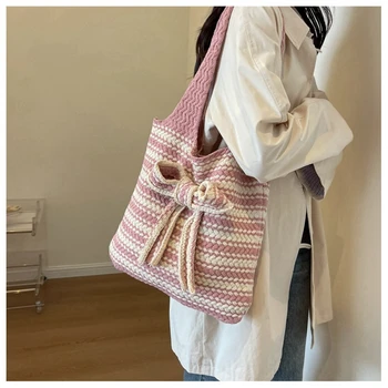  Новая вязаная сумка с бантом Сумка через плечо большой емкости Универсальная женская повседневная сумка-тоут Студенческая ручная сумка для покупок