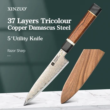 XINZUO 5 дюймов Универсальный нож 37 слоев Трехцветная медь Дамасская сталь Острые кухонные ножи Фруктовый нож с ручкой G10