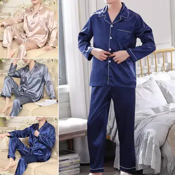 Мужская осенне-зимняя пижама для мужчин Большие пуговицы на лацкане Шелковая мужская пижама с рубашкой Брюки Атласный комплект пижамы для мальчиков Пижама Mujer