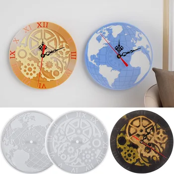 DIY арабская цифра круглая шестерня часы из смолы силиконовая форма карта Земли часы эпоксидная смола силиконовая форма