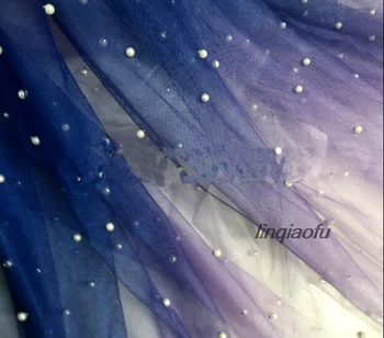 Темно-синяя бисерная перламутровая сетка многоцветная радужная градиентная ткань