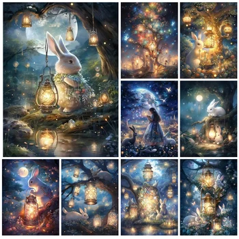 5D DIY Алмазная живопись Мечта Лесной Кролик Алмазная вышивка Полностью квадратная хрустальная мозаика Ретро настольная лампа Рождество JX0173