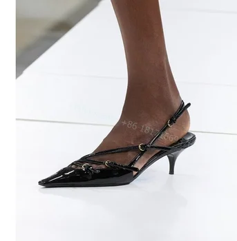 Роскошные кожаные сандалии с острым носком, низкий высокий каблук, женская пряжка, сексуальные туфли-лодочки, модная женская обувь Shallow 2024