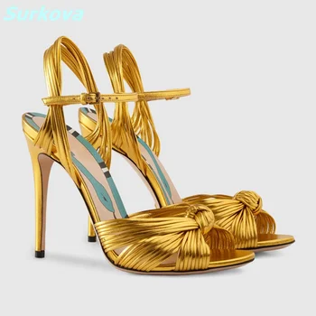  Золотые тканые сандалии Ремешок с пряжкой с открытым носком Тонкие высокие каблуки Открытый носок Самая горячая летняя женская обувь Крестообразный ремешок Мода Вечеринка Шпильки