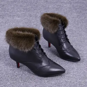 Новые женские сапоги из кроличьего меха на высоком каблуке плюс бархатные ботильоны Martin однотонные остроконечные тонкие туфли Q452