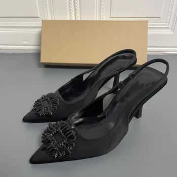 Meotina Женщины Слингбэки с острым носком Тонкие сандалии на высоком каблуке Неглубокие кристаллы Женская мода Повседневная обувь Лето Весна Черный 42