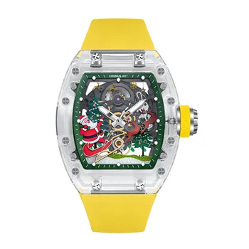 CRONUSART Мужские автоматические часы 50 мм * 42 мм Роскошные механические наручные часы Tonneau Акриловый светящийся ремешок из фторкаучука Рождественский циферблат