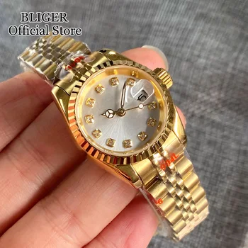 BLIGER 26 мм Япония NH05A Автоматические женские часы Сапфировое стекло Двухцветный золотой серебряный циферблат Бриллиантовый индекс Стальной браслет Женские часы