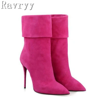 Розово-красный острый носок Тонкие короткие сапоги на каблуке Женские твердые замшевые сапоги на высоком каблуке с перевернутым краем ботильоны Модная зимняя обувь